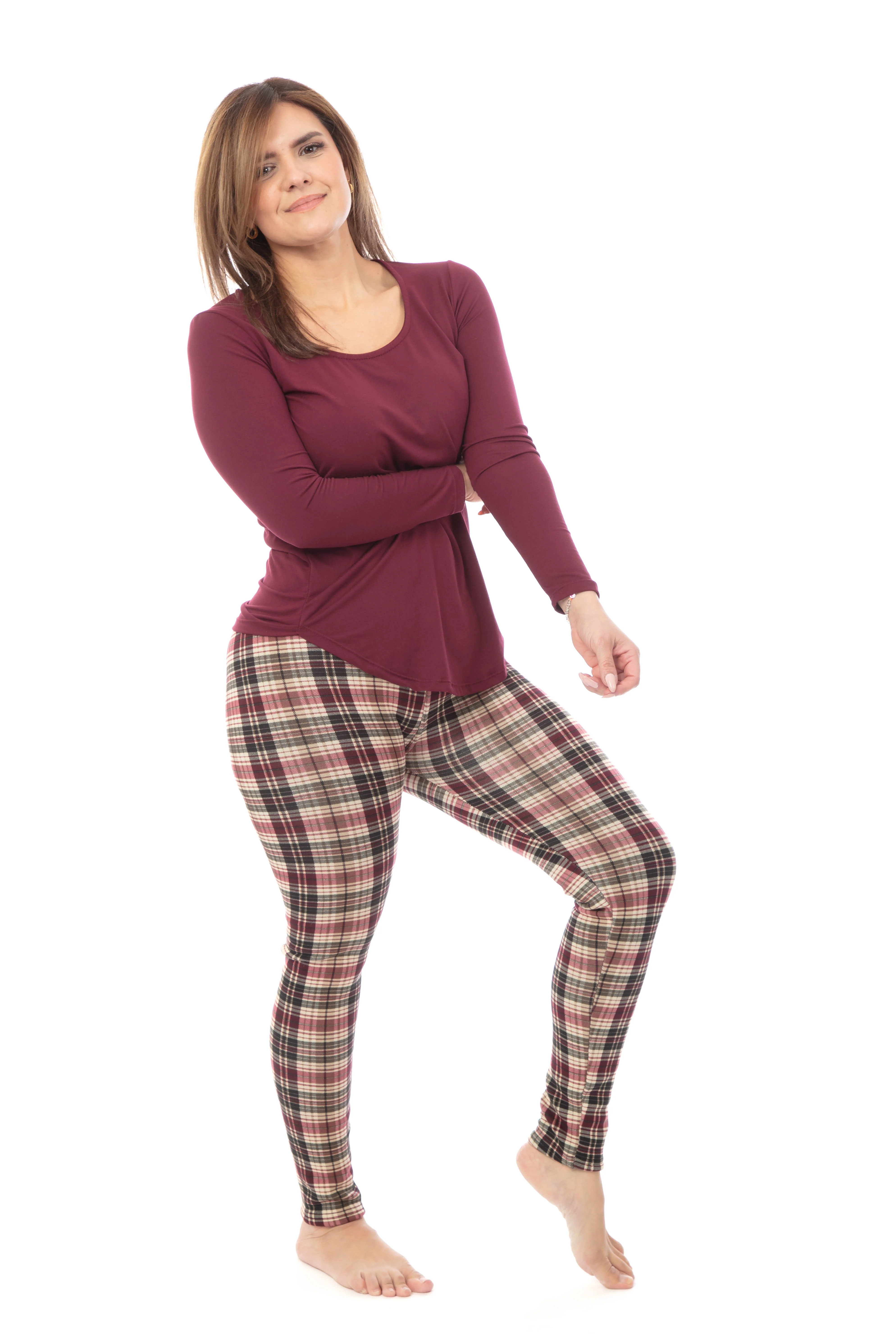 Burgundy Plaid - Cozy Lined Leggings - Image 3