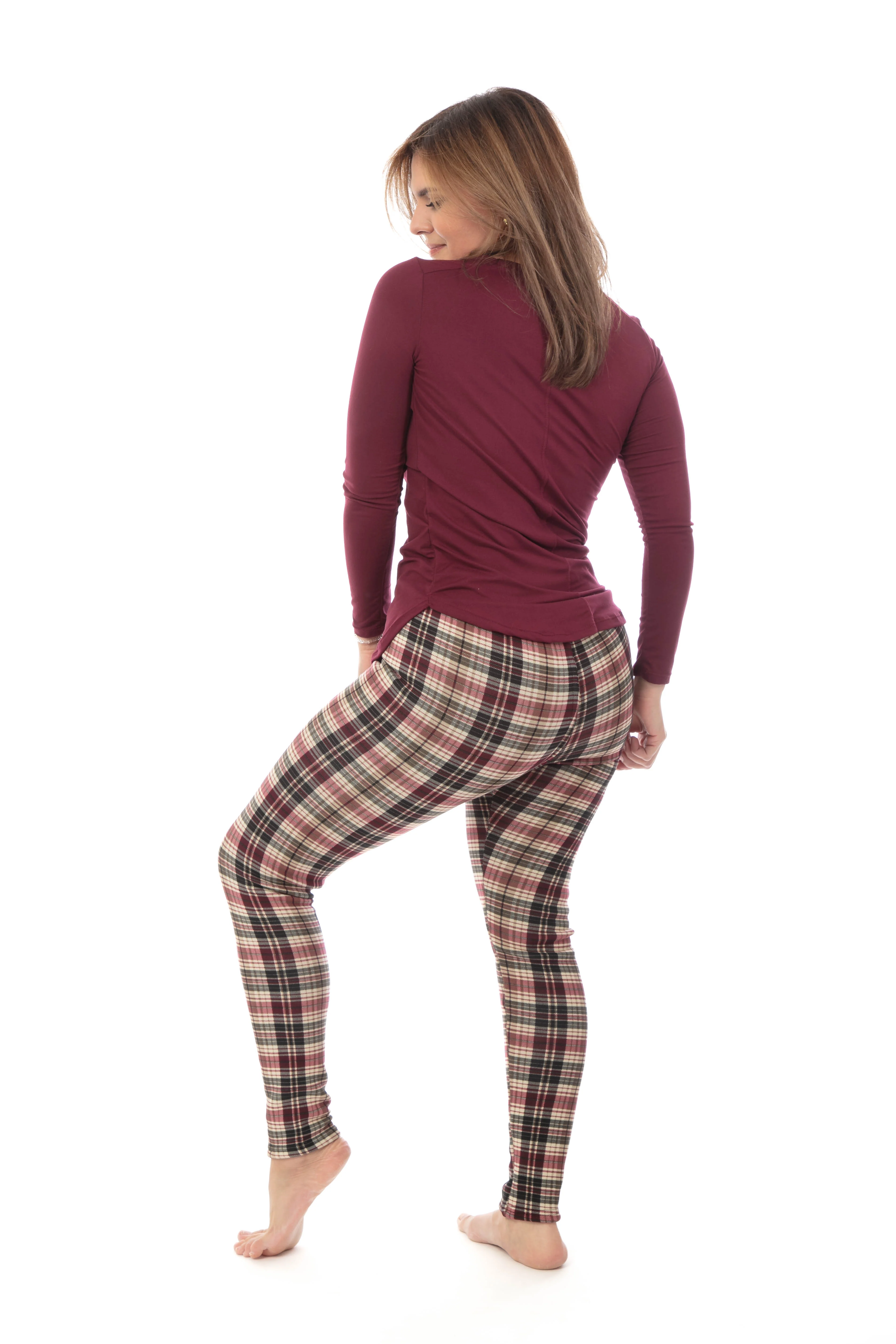 Burgundy Plaid - Cozy Lined Leggings - Image 4
