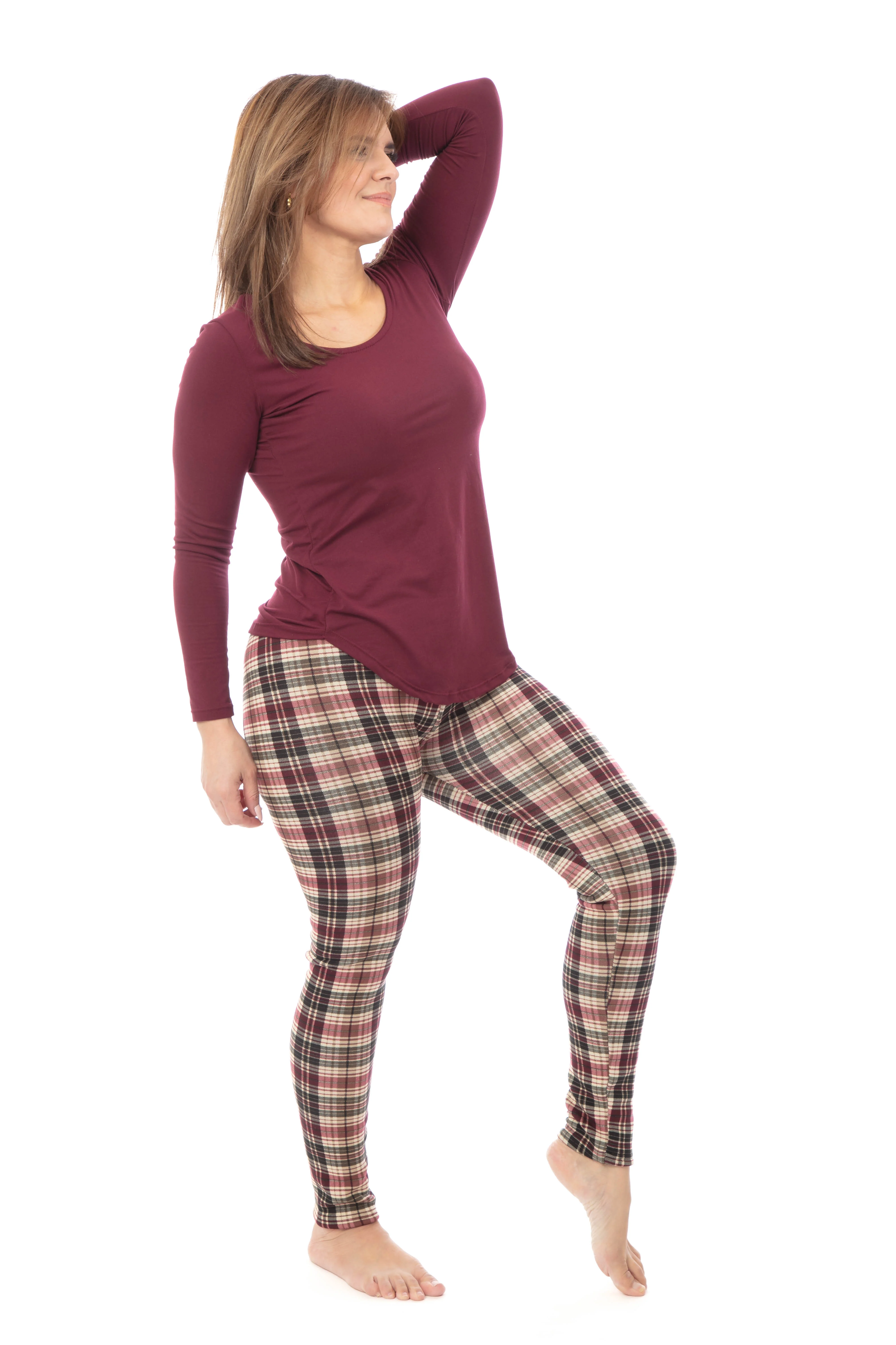 Burgundy Plaid - Cozy Lined Leggings - Image 5