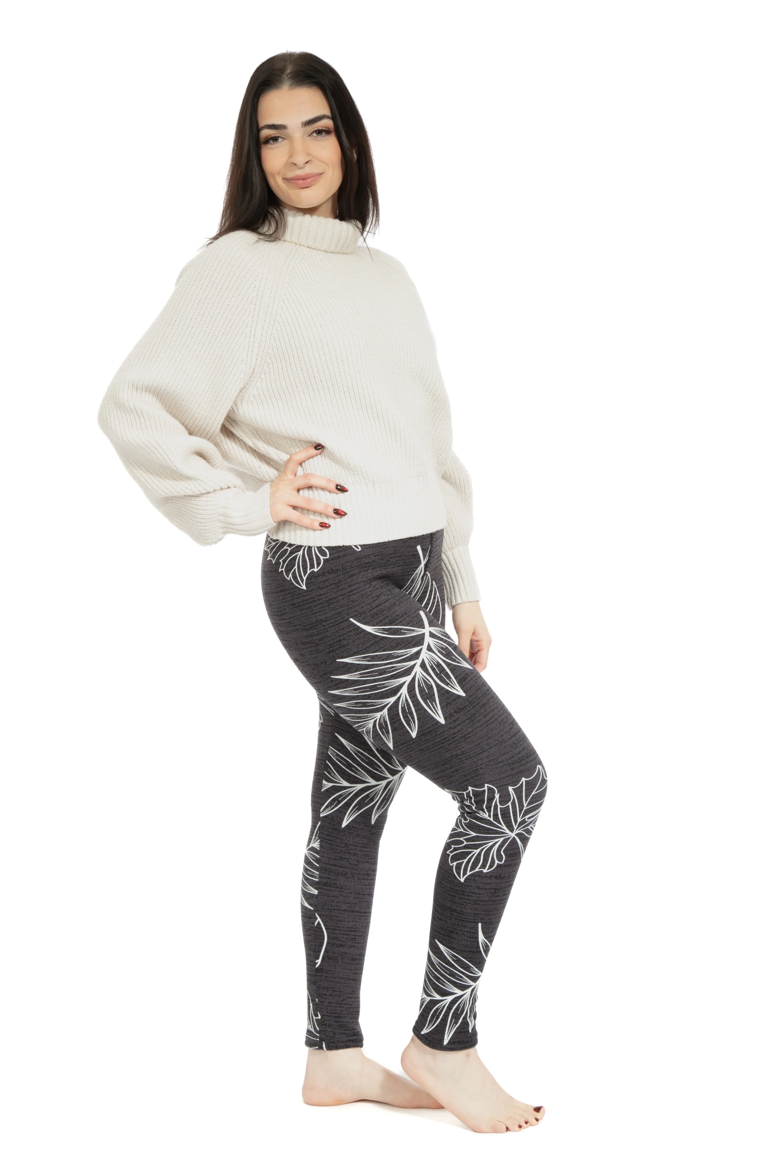 Leaves in Gray - Cozy Lined Leggings - Image 3